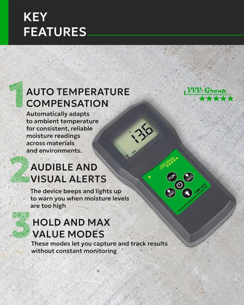 Non Destructive Digital Moisture Meter For Concrete Floors And Walls Surface Moisture Tester CME 822 Pro Grade Fast Reads Before Flooring Coating Or Tiling On Slabs And Screed, angled on concrete