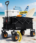Beach Wagon With Balloon Wheels Seven Point Five Inch Soft Sand Glide Heavy Duty Cart 330 Lb Capacity loaded with beach gear