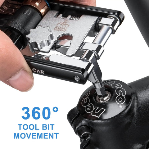 Compact Bicycle Multi Tool With CO2 Inflator And Chain Tool For Road And Mountain Bikes Torx Hex Screwdriver Set focusing on 360° tool bit movement