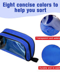 Front view of blue first aid bag with transparent window and zipper.