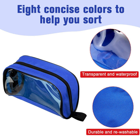 Front view of blue first aid bag with transparent window and zipper.