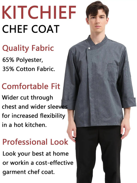Men Professional Chef Coat Jacket Featuring Lightweight Breathable Fabric With Practical Sleeve Pocket And Sturdy Button Closure Pro Kitchen Workwear Uniform Jacket Designed Tough For The Daily Restaurant Grind, gray with short sleeves.
