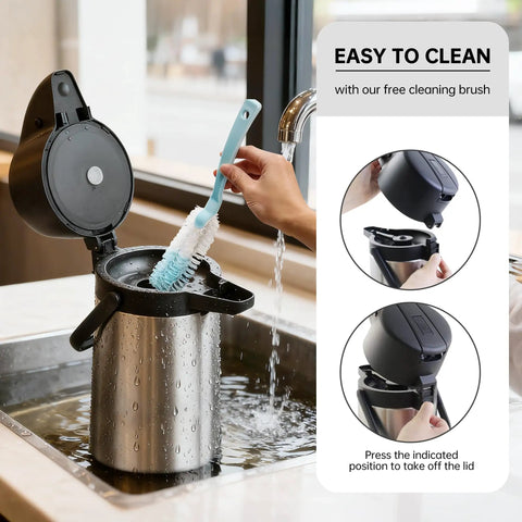 Cleaning Pump Action Airpot Coffee Dispenser 3L Stainless Steel Thermal Carafe in kitchen sink