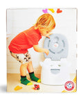 A toddler exploring The Real Deal Toddler Potty Training Chair 3-In-1 Potty Seat With Step Stool Plus Arm And Hammer Deodorizing Disc Gray.
