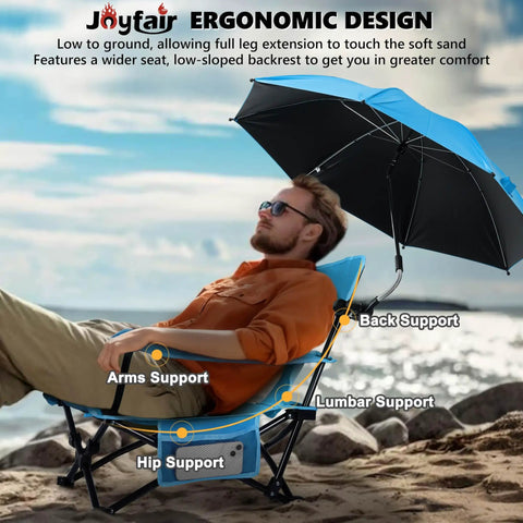 Man relaxing in Two Pack Heavy Duty Beach Camping Chairs With Umbrellas, Outdoor Folding Low Profile Camp Chairs For Adults on beach.