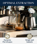 La Specialista Maestro Espresso Machine With Integrated Grinder And Eight Custom Adjustments To Pull Game Changing Cafe Quality Shots Daily Slick Steel Finish For Everyday Brew Masters pouring espresso into a glass