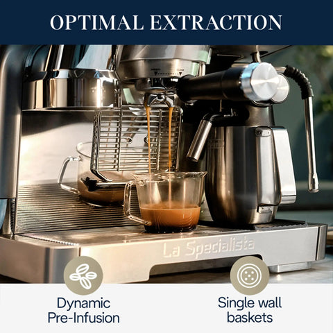 La Specialista Maestro Espresso Machine With Integrated Grinder And Eight Custom Adjustments To Pull Game Changing Cafe Quality Shots Daily Slick Steel Finish For Everyday Brew Masters pouring espresso into a glass