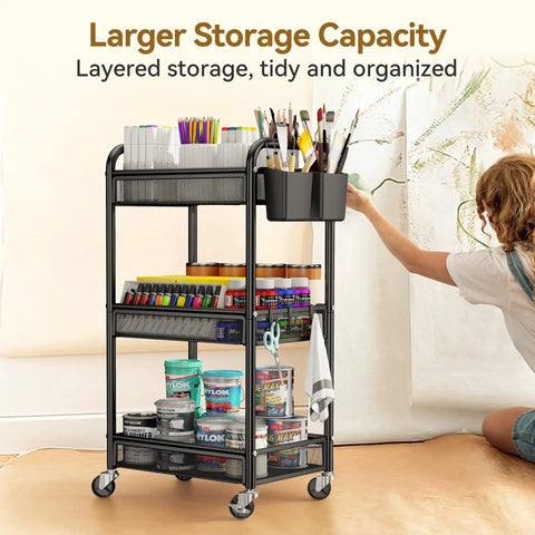 Three Tier Rolling Metal Cart With Wheels For Home Office Craft Kitchen Bedside Storage Dope Utility Cart With Hanging Cups Hooks And Mesh Basket Heavy Duty Black 110 Lbs Capacity shown in use with art supplies.