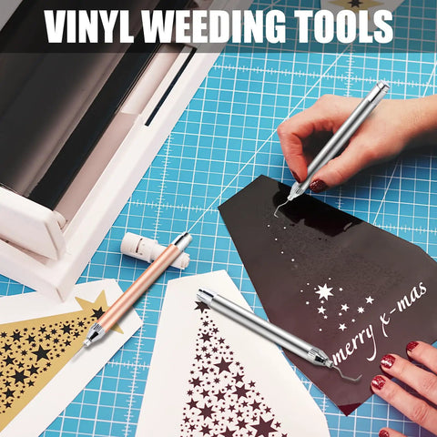 Two Pack LED Weeding Tools For Vinyl With Light Pin And Hook Lighted Weeding Pen For Removing Tiny Iron On Vinyl Or Paper Silhouette Details Pro Grade Precision Weeding On All Cutting Machines Rose Gold And Silver shown in use on vinyl projects.