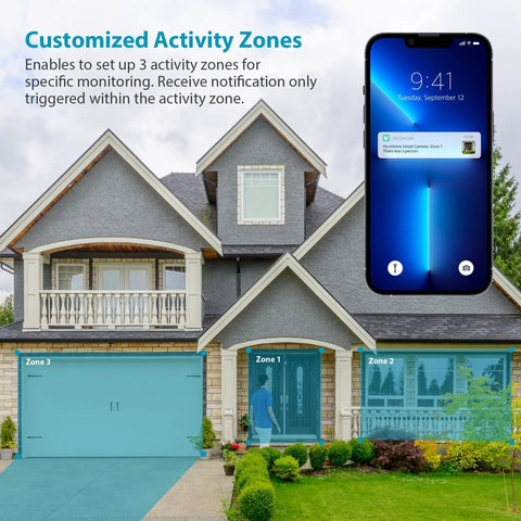 Wireless Outdoor Security Camera With Battery Power No Fuss Setup 1080P Color Night Vision WiFi showing activity zones on smartphone.