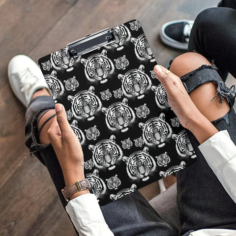 Heavy Duty Acrylic Clipboard With Black And White Tiger Print Thick Clear Clipboard For Office And Warehouse Fits Letter Size Papers Durable Writing Surface Easy Hanging Hole Sturdy Sleek Clipboard Accessory, tiger print top clip view
