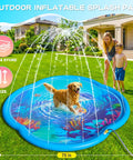 Sea World 75 Inch Splash Pad Sprinkler For Kids And Dogs with golden retriever and child playing on blue inflatable pad