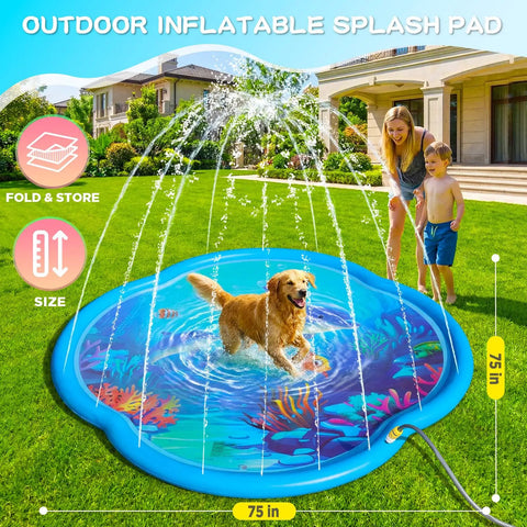 Sea World 75 Inch Splash Pad Sprinkler For Kids And Dogs with golden retriever and child playing on blue inflatable pad