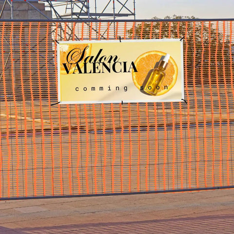 Custom 3x6 Indoor Outdoor Heavy Duty Vinyl Banner For Business Promotion Birthdays Holidays And Special Events Upload Your Image Or Text For A Customizable Eye Catching Signage Solution displayed on orange construction fencing