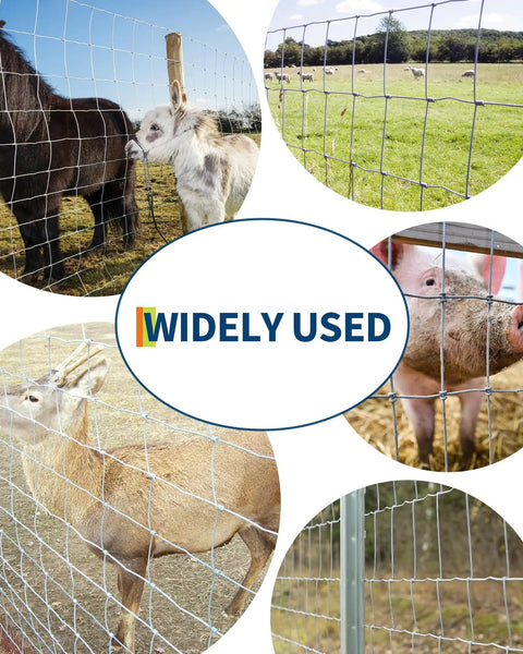 Cattle Fence 4ft By 328ft Heavy Duty Galvanized Wire And Chain Link Fence shown enclosing various livestock