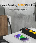 Long 12 Outlet Power Strip With 2100 Joules Surge Protector 6Ft Flat Plug shown on workbench in garage