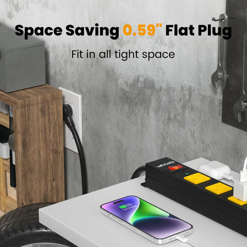 Long 12 Outlet Power Strip With 2100 Joules Surge Protector 6Ft Flat Plug shown on workbench in garage
