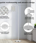 Industrial Floor Lamp For Living Room And Bedroom, Modern Standing Light With HD Glass Lampshade, Pedal Switch, Brushed Silver Pole