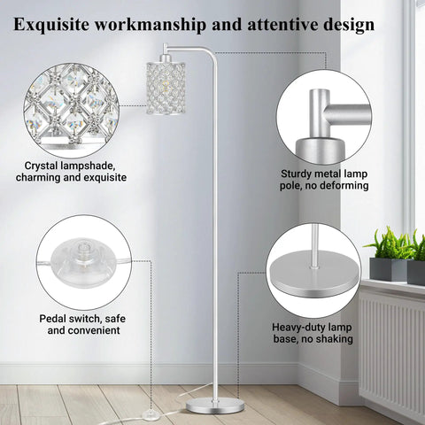 Industrial Floor Lamp For Living Room And Bedroom, Modern Standing Light With HD Glass Lampshade, Pedal Switch, Brushed Silver Pole