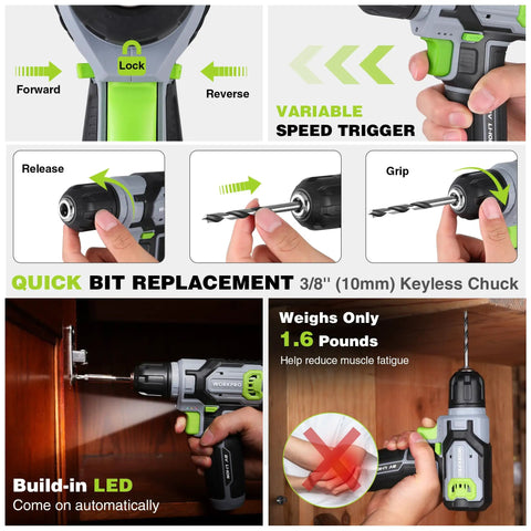 Eight Volt Cordless Drill Driver Kit With 53 Piece Bit Set, 2.0Ah Battery, Three Eighths Inch Keyless Chuck features