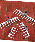 Four 11-Prong Steel Grass Plowing Rakes Heavy Duty Garden Tool For Soil Tilling And Hay Raking on a brick surface
