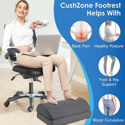 Under Desk Foot Rest For Work And Gaming With Non Slip Bottom Two Adjustable Heights And Removable Cover Comfortable Gray Foot Rest shown with benefits like back pain relief and healthy posture.