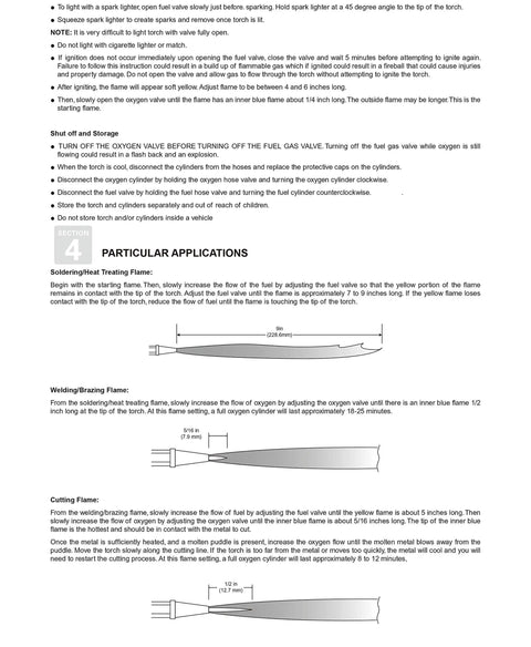 Instruction manual page for MAPP Torch Kit With Self Pressure Gauge And Tank Stand And Flint Lighter And Safety Glasses No Gas Cylinders Included