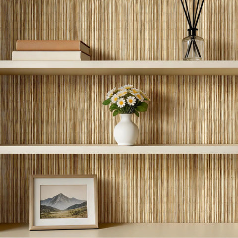 Super Slick Peel And Stick Grasscloth Wallpaper With Dead Simple Self Adhesive Backing For Modern Accent Walls And Apartment Rentals In Earthy Beige Tan Hues on a living room wall with shelves.