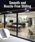 Installed stainless steel sliding glass door track with screw-down lower inverted V bottom, satin anodized finish, 72 inch length.