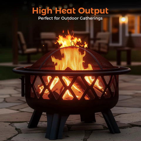30 Inch Outdoor Fire Pit With Spark Screen And Grill, Portable Wood Burning Patio Heater for Backyards at night with flames