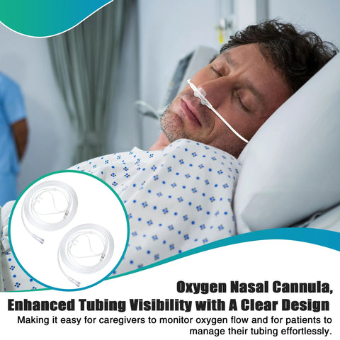 Anglechic 10-pack adult oxygen nasal cannula, 7 ft soft transparent tubing with curved nose piece, on patient.