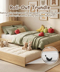 Solid Pine Twin Bed Frame With Pull Out Trundle, natural wood finish, includes plush toys and bedding, cozy children's room setup.