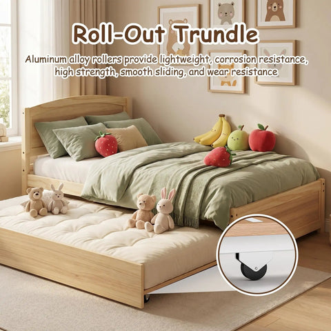Solid Pine Twin Bed Frame With Pull Out Trundle, natural wood finish, includes plush toys and bedding, cozy children's room setup.