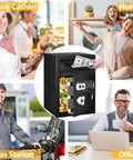 Front Drop Slot Deposit Safe Fireproof With Digital Combination Anti Fishing Safe Box in use at various locations including office and home, with a focus on cash and secure deposits.