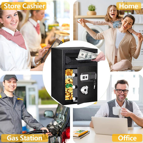 Front Drop Slot Deposit Safe Fireproof With Digital Combination Anti Fishing Safe Box in use at various locations including office and home, with a focus on cash and secure deposits.