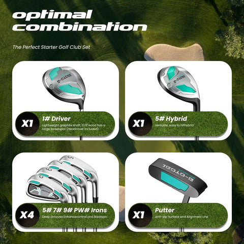 Women Left-Handed 9-Piece Golf Club Set With Stand Bag And Rain Hood Includes Driver Hybrid Irons 5 Through PW And Putter