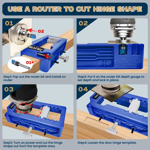Pro Grade Door Hinge Mounting Template Kit With Mortise Opener And Locking Clips For Three To Five Inch Hinges showing router setup instructions.