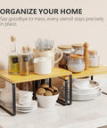 Premium Bamboo Kitchen Counter Shelf Set Of Two Stackable Expandable Spice Rack Storage Holder For Jars Cookbooks Tools, arranged with jars and utensils.