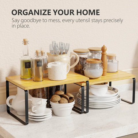 Premium Bamboo Kitchen Counter Shelf Set Of Two Stackable Expandable Spice Rack Storage Holder For Jars Cookbooks Tools, arranged with jars and utensils.