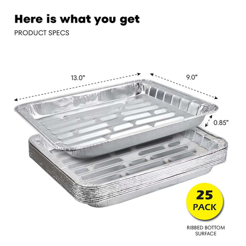 Stack of 25 Pack Disposable Aluminum Broiler Pans for BBQ and Grilling, ribbed bottom, 13.4 x 9 x 0.85 inches, multi-pack