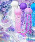 Jellyfish Paper Lanterns 6 Pack Hanging Lit Colorful Lanterns For Mermaid Unicorn Theme Classroom Decor in pastel colors.
