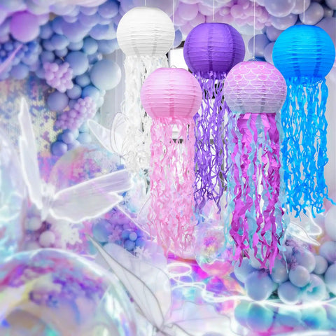 Jellyfish Paper Lanterns 6 Pack Hanging Lit Colorful Lanterns For Mermaid Unicorn Theme Classroom Decor in pastel colors.