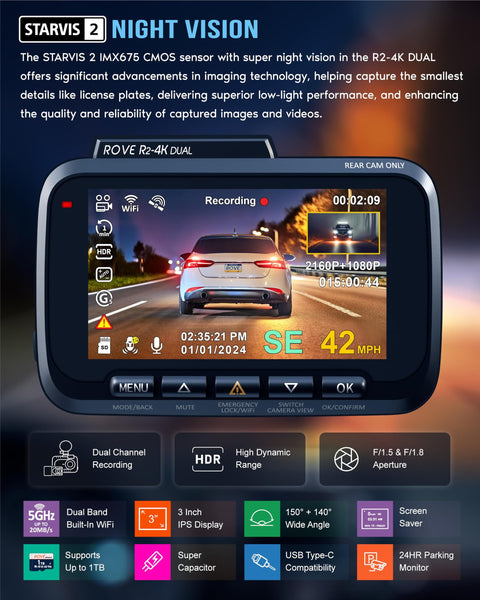Dual 4K Front And 1080P Rear Dash Cam With STARVIS 2 Sensor, 128GB Card Included, 5G WiFi App Control, in-car display view