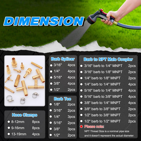KOOTANS brass hose barb fittings kit, 80 pcs with clamps; includes 1/8–1/2 in barbs and MNPT adapters