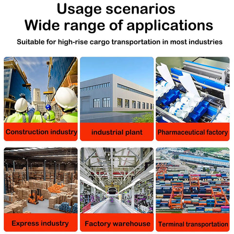 Heavy Duty Electric Freight Workhorse Featuring Quiet Hydraulic Wall Mounted Vertical Hoist in various industrial settings.