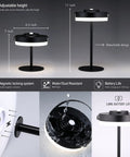 Portable LED Lamp For Outdoor And Indoor Use With Built In Rechargeable Battery IP44 Water Resistant Adjustable Height Go To Light Camping Lantern Patio Table Lamp Night Light Black, showing adjustable height features, magnetic locking, and water resistance.