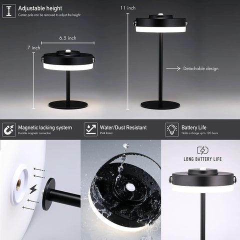 Portable LED Lamp For Outdoor And Indoor Use With Built In Rechargeable Battery IP44 Water Resistant Adjustable Height Go To Light Camping Lantern Patio Table Lamp Night Light Black, showing adjustable height features, magnetic locking, and water resistance.