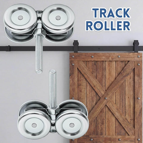 Two Pack Barn Door Roller Trolleys With Beefy Four Wheel Heavy Duty Assembly for sliding barn doors on rails, shown with installation.