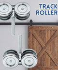 Beefy Four Wheel Trolley Barn Door Rollers Kit for 1-3/4 Inch Wide Rails, mounted on wooden barn door