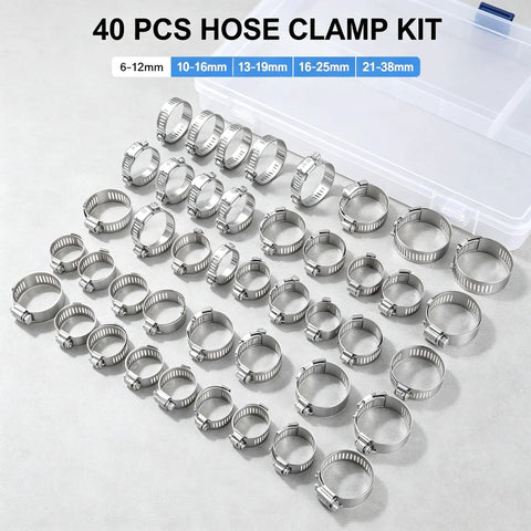 Dude, grab this killer 40 piece stainless steel hose clamp kit covering 1/4 inch to 1-1/2 inch sizes perfect for fixing your fuel line, plumbing jobs, garden hose, or any tube work without worrying about rust or corrosion ever again. 40 stainless hose clamps in a storage box